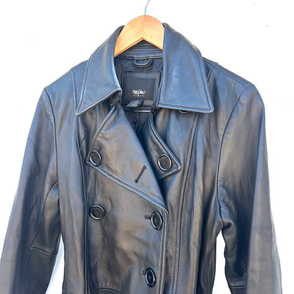 Mossimo Genuine Leather Belted Trench Coat Black Jacket Medium Y2K Buttons - Picture 5 of 10